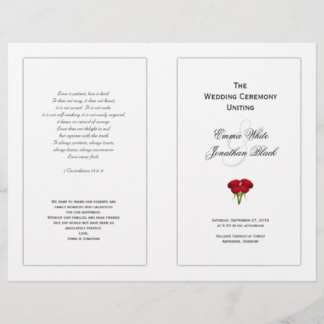 Plantilla del programa de casamiento de rosas roja (Anverso)