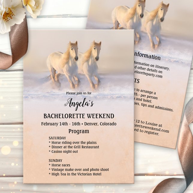 Plantilla del programa de fin de semana de Bachelo (Bachelorette winter weekend getaway itinerary program featuring two running horses in the snow)