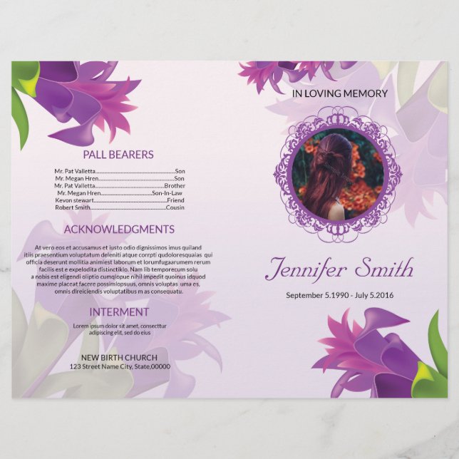 Plantilla del programa funeral de flores moradas (Anverso)