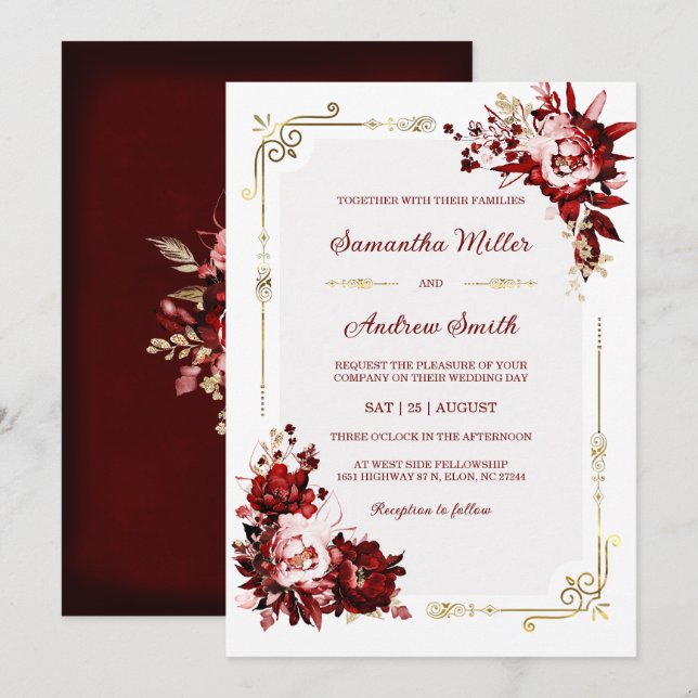 Plantilla editable de Boda de Borgoña y Oro (Anverso / Reverso)