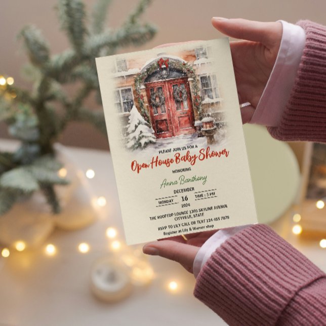 plantilla editable de casa abierta de Navidad baby (open house baby shower mother to be christmas for her, festive fun party elegant winter holiday )