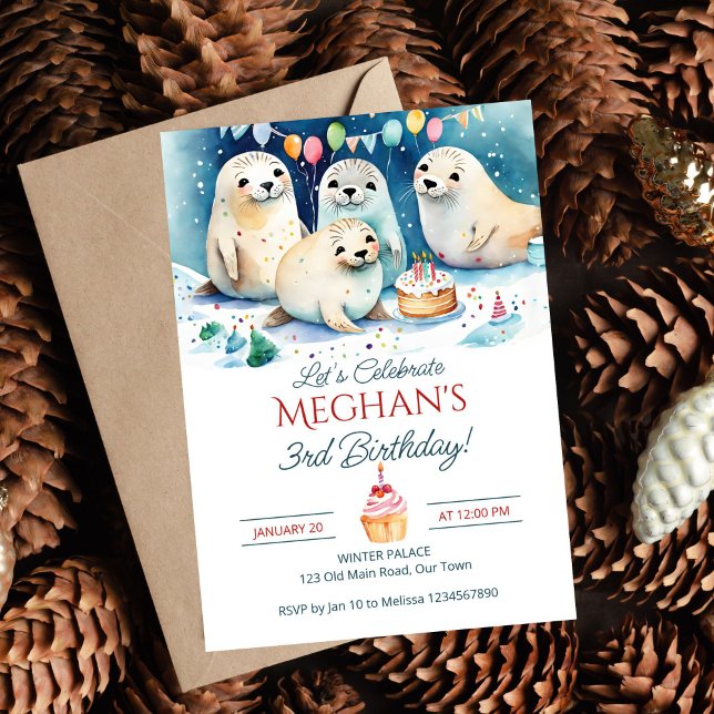 Plantilla editable de cumpleaños de foco ártico (Arctic seal winter birthday party editable template invitation digital download cute baby seals cake)