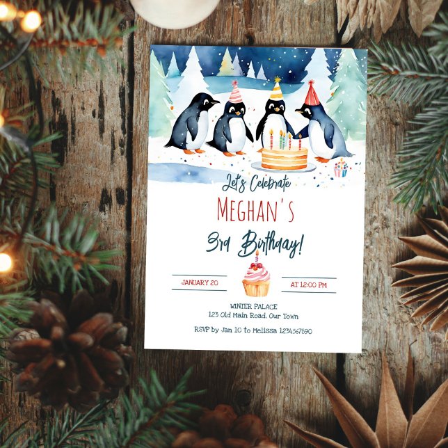 Plantilla editable de cumpleaños del Ártico pingüi (Penguin arctic winter birthday editable template invitation digital download watercolor winter party)