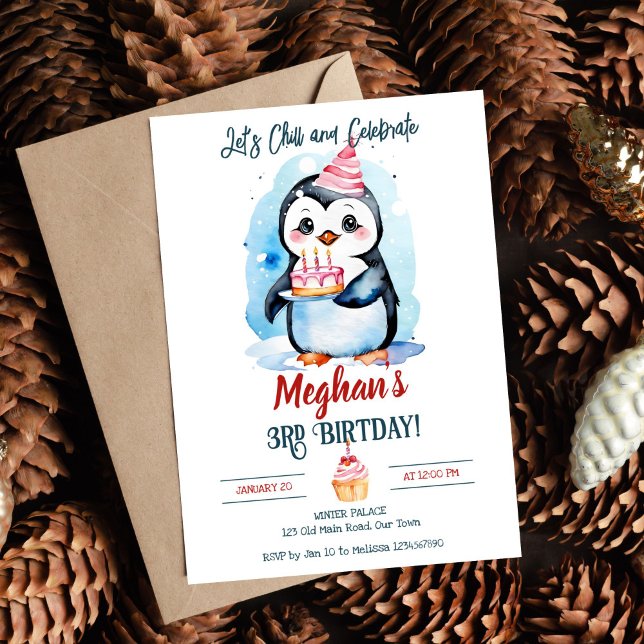 Plantilla editable de fiesta de cumpleaños de invi (Cute Penguin with a cake winter birthday party editable template invitation digital download oneder)