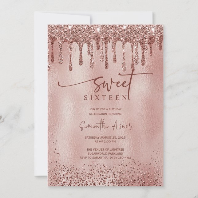 Plantilla editable Rosa Gold Sweet 16 (Anverso)