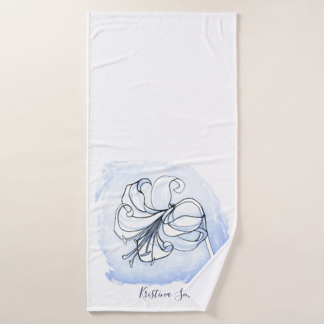 Plantilla floral de Lily Art White y Blue Elegent (Toalla de baño)