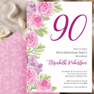 Plantilla floral de rosas rosadas para 90 cumpleañ