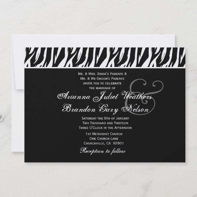 Plantilla horizontal de Boda negro de cebra blanca (Anverso)