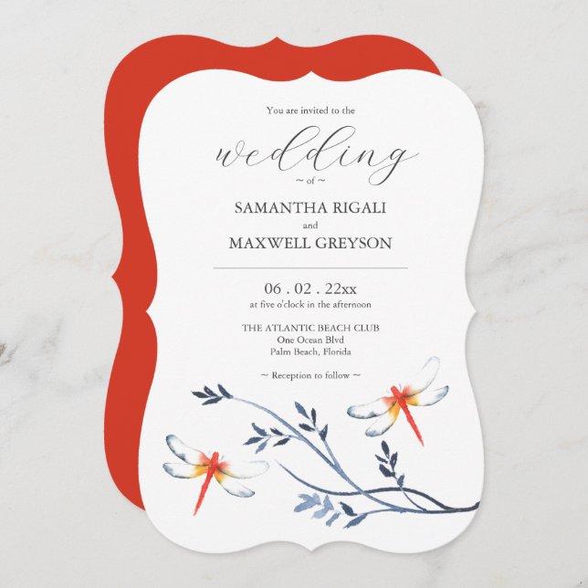 Plantilla Invitaciones de Boda Dragonflies Rojo (Anverso / Reverso)