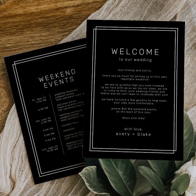 Plantilla Itineraria AVERY Black Boda Weekend (AVERY Black Wedding Weekend Itinerary Template)