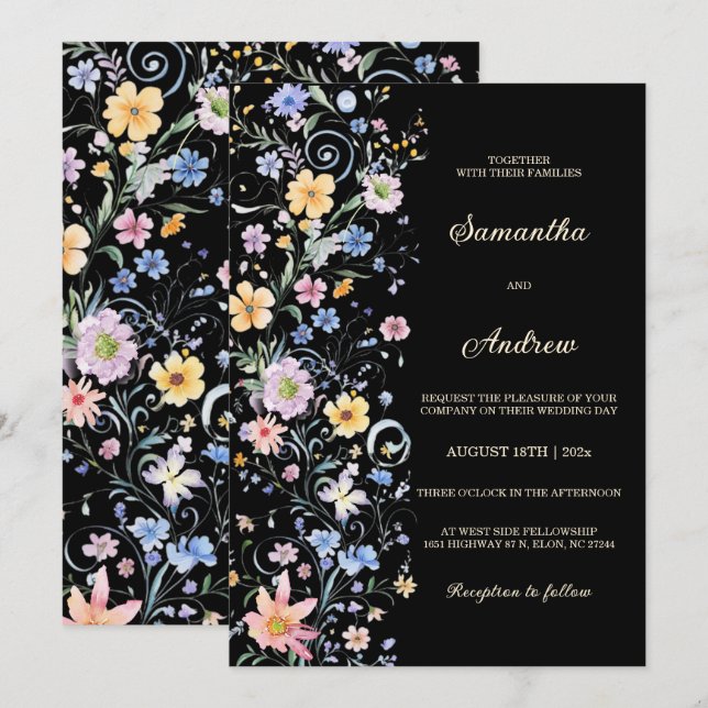 Plantilla Negra de Boda de Flores Silvestres Rústi (Anverso / Reverso)