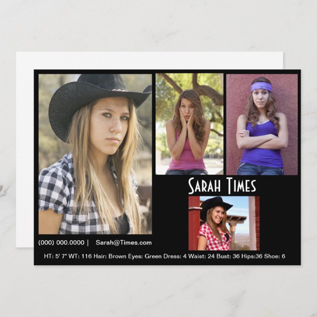 Plantilla negra de tarjeta comp. de modelo fotográ (Anverso / Reverso)