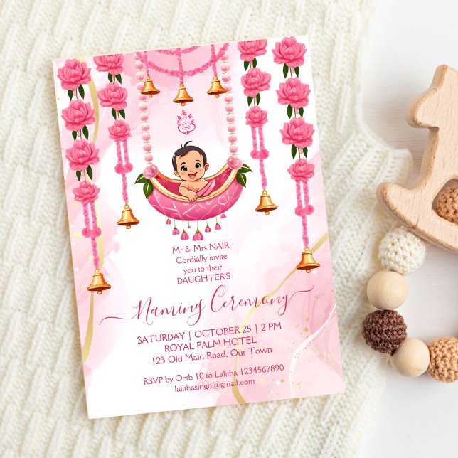 Plantilla rosa de la ceremonia de cuna de nombres  (Baby Naming Cradle Indian Ceremony pink template invitation digital download cute baby pink flowers)