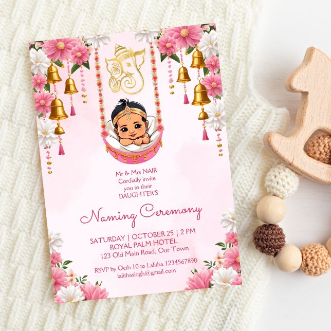 Plantilla rosa de la ceremonia de cuna de nombres  (Baby Naming Cradle Indian Ceremony girls pink invitation  template digital download Namkarana cute)