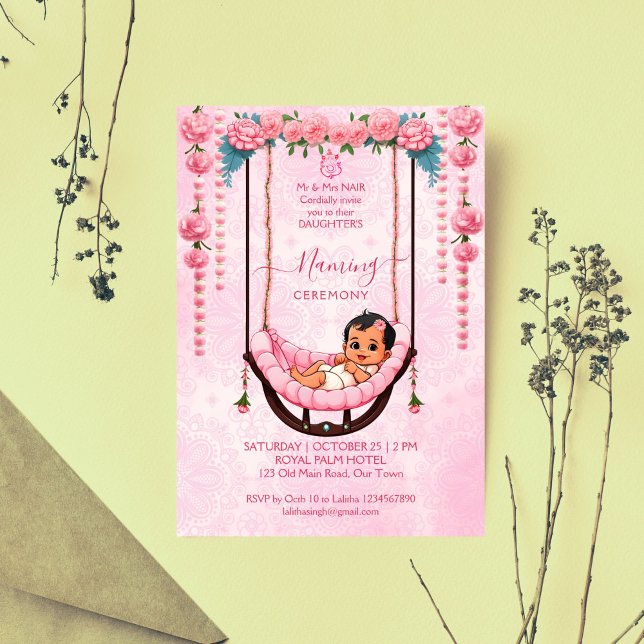 Plantilla rosa de la ceremonia de cuna de nombres  (Baby Naming Cradle Indian Ceremony pink cute girl editable template invitation digital download)
