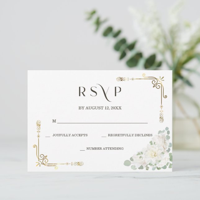 Plantilla RSVP de Boda Dorada Elegante Personaliza (Anverso de pie)