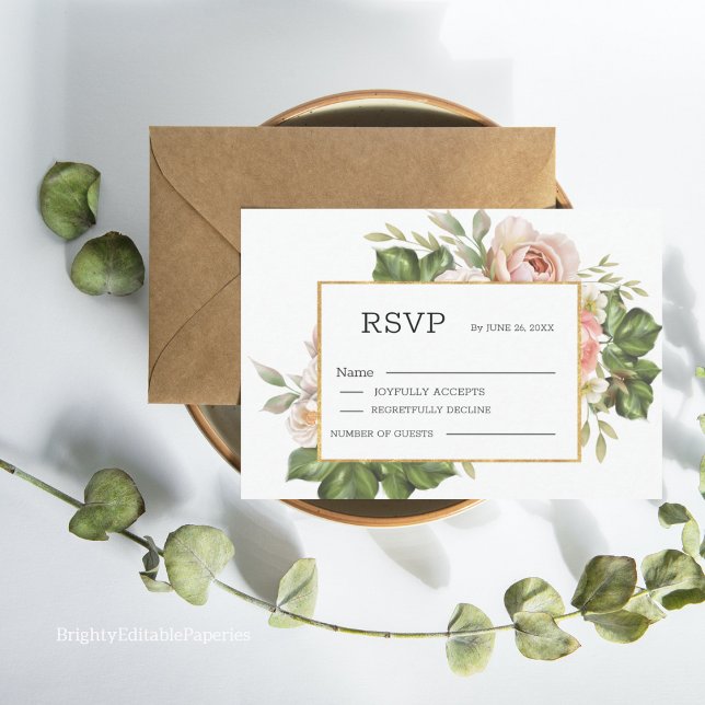 Plantilla RSVP de matrimonio de flor Rosa elegante (Our Elegant Rose Flower Wedding RSVP Template is designed to make your wedding planning process easy)
