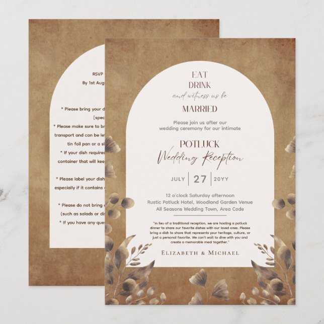Plantilla Rustic POTLUCK Wedding Recepción Invitac (Anverso / Reverso)