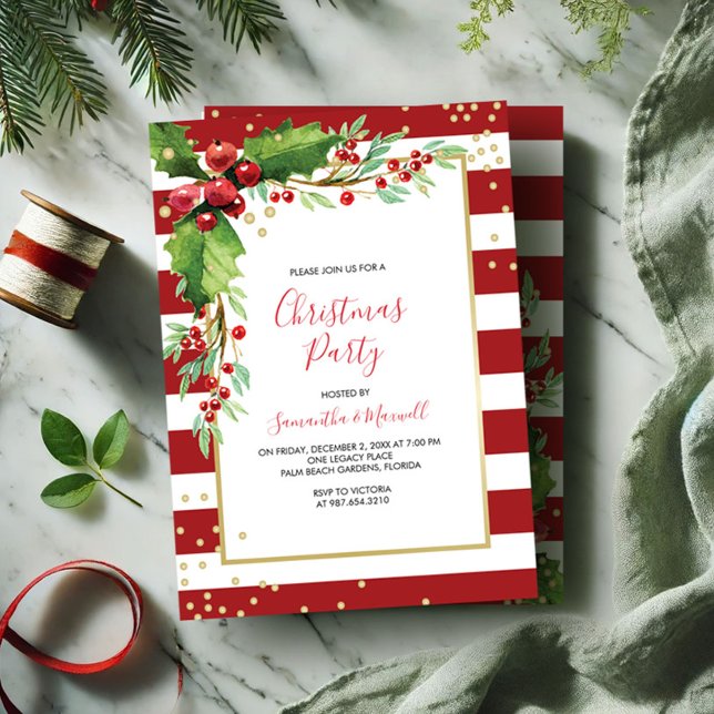Plantillas de Invitación a Fiesta de Navidad Rayas (Xmas party invitation template red and green botanical design.)