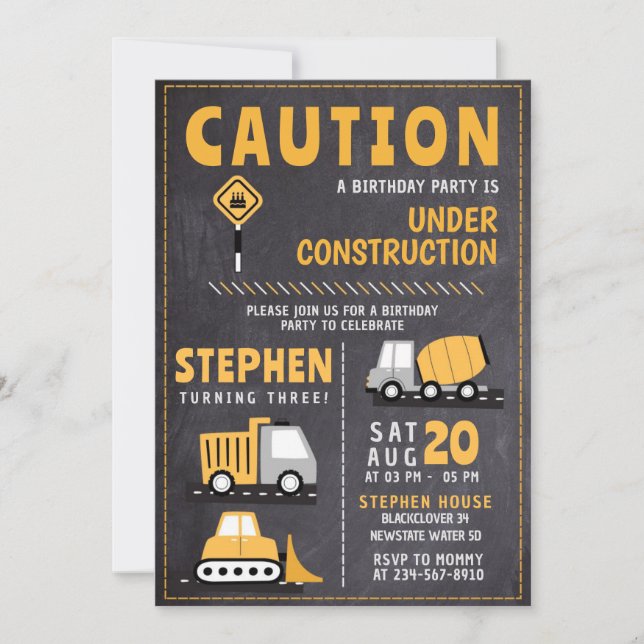 Plantillas de invitación de cumpleaños de construc (Anverso)