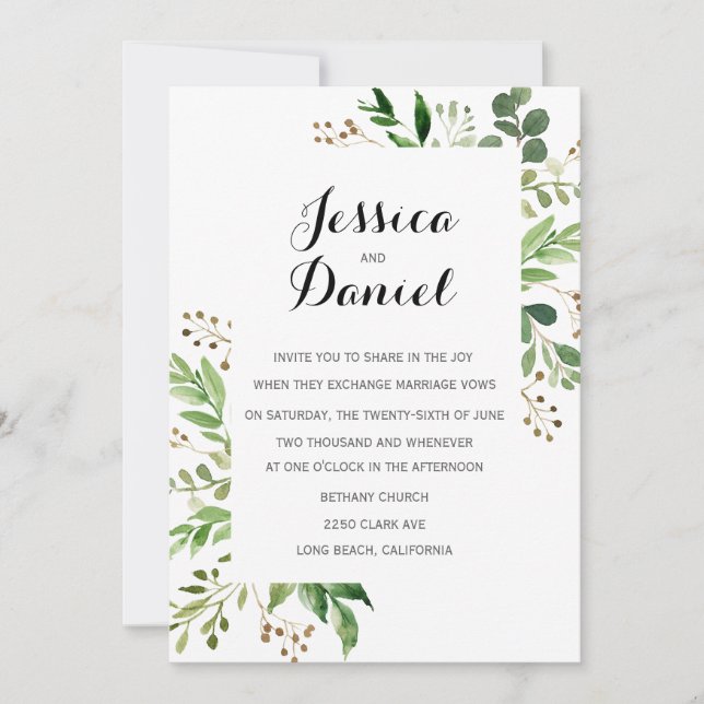 Plantillas de invitaciones a bodas de verde (Anverso)