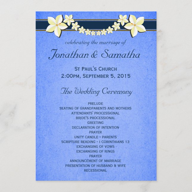 Plantillas del programa de bodas con flores azules (Anverso)
