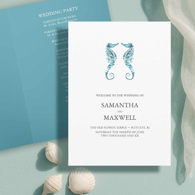Plantillas del programa de bodas de playa (Beach wedding looks watercolor seaside wedding program art by Victoria Grigaliunas Do Tell A Belle)