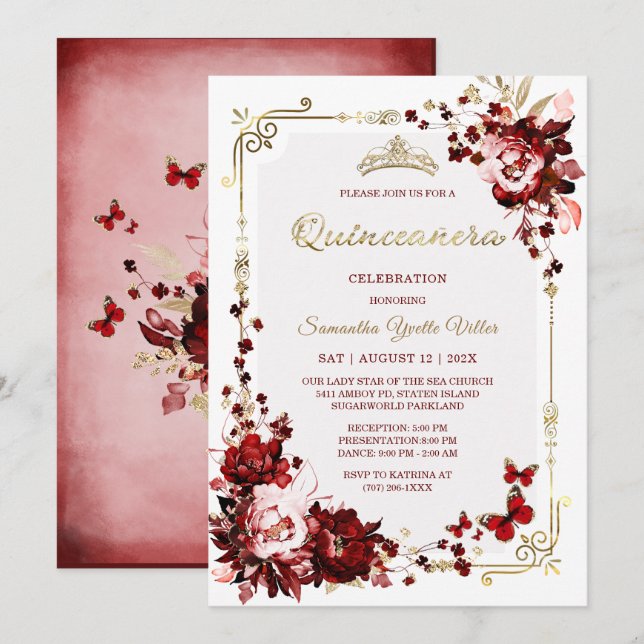 Plantillas Quinceanera de Borgoña y Oro (Anverso / Reverso)