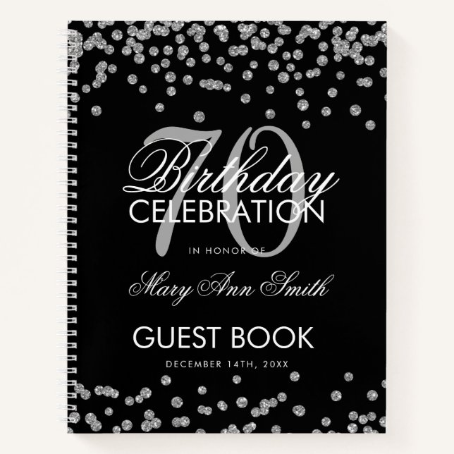 Plata 70 cumpleaños libro de visitas Confetti negr (Anverso)