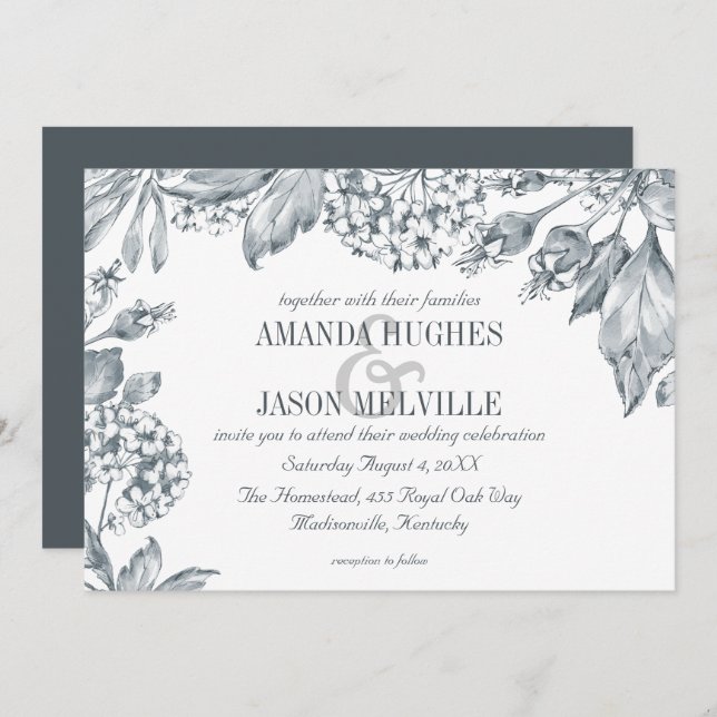 Plata Botánica| Invitación a la boda floral (Anverso / Reverso)