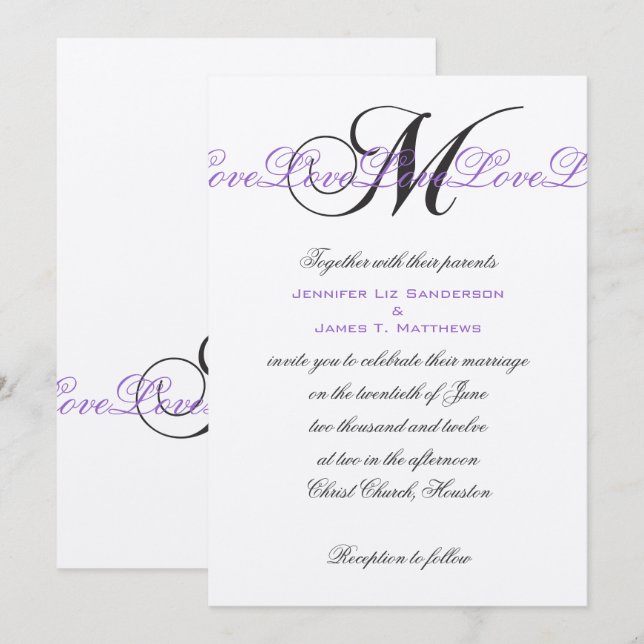 Plata de la púrpura de las invitaciones de la boda (Anverso / Reverso)