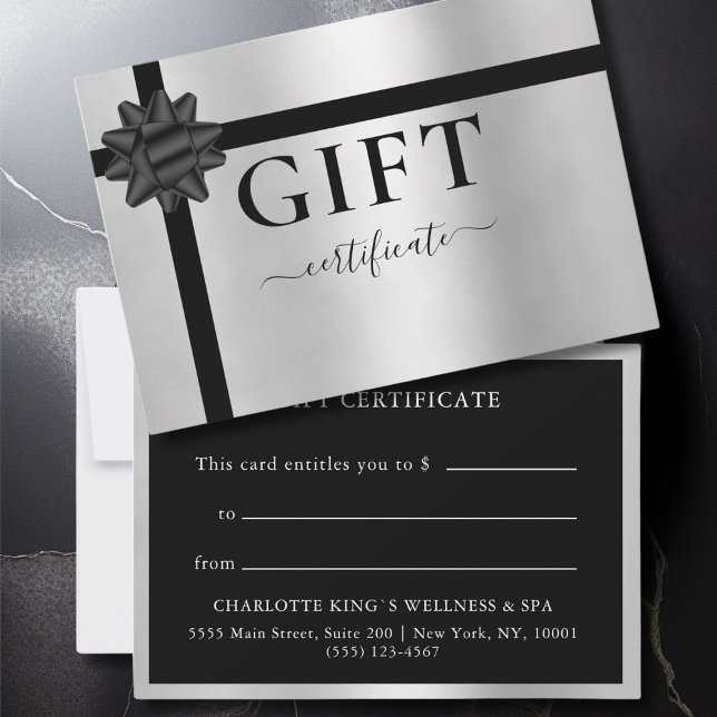 PLATA DEL CERTIFICADO DE REGALO DE NEGOCIOS | Mode (BUSINESS GIFT CERTIFICATE | modern, minimal, ribbon. Black & Silver.)