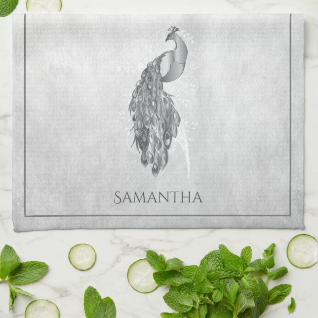 Plata Elegante Peacock Kitchen Toalla (Doblado)