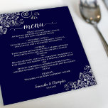 Plata ordenada en el menú Boda de presupuesto azul<br><div class="desc">Estos bonitos menús bodas son sencillos, elegantes y elegantes, a la vez que asequibles y asequibles. Presentan un diseño elegante y glamuroso con rizos de Relieve metalizado y remolinos ornamentados de color plateado, y caligrafía de escritura sobre un fondo azul marino. El fondo es de un bonito color gris plateado...</div>