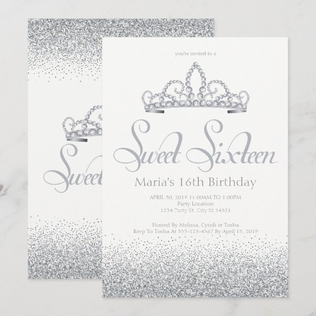 Plata y Diamantes Dulces Dieciséis Invitaciones (Anverso / Reverso)