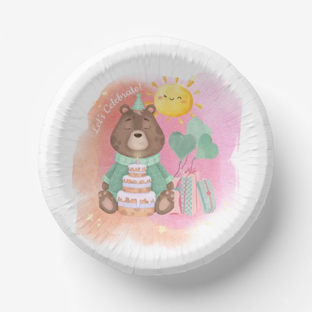 Plato de Cumpleaños de Oso con Acuarela Pastel (Anverso)