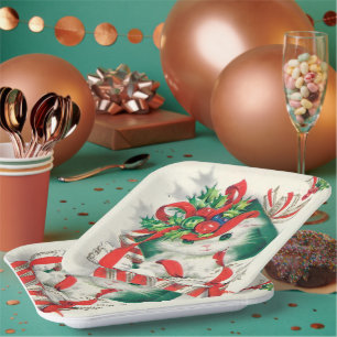 Plato de fiesta de gato retro de Navidad vintage