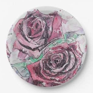 Plato de fiesta de papel con patrón de flor de ros