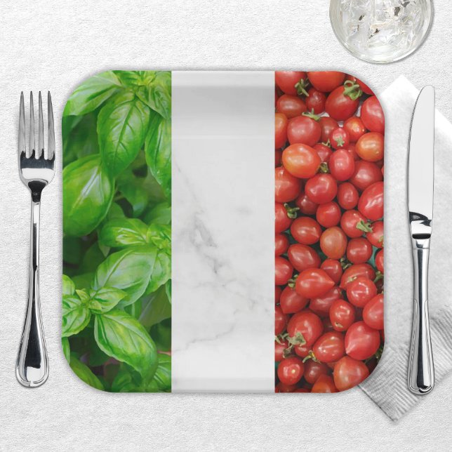 Plato de Papel (Basil, White Marble, Tomato Italian Flag Paper Plate - Festive Flag of Italy table decor)