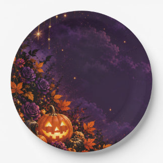 PLATO DE PAPEL 幻想的なゴシックハロウィン 紫の夜空とパンプキン ペーパープレート