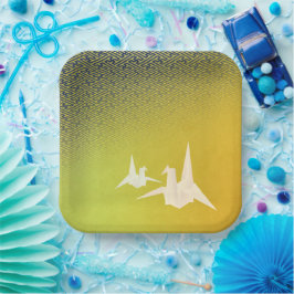 PLATO DE PAPEL 折鶴と紗綾形紋様（金地に紺青色）のペーパープレート