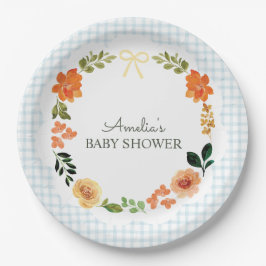 Plato De Papel 001 Sky Blue Floral Gingham Baby Shower