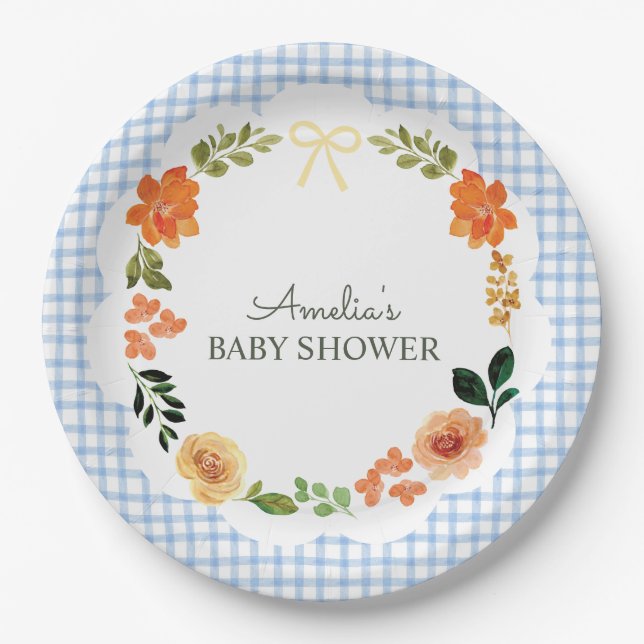 Plato De Papel 003 Cobalt Blue Floral Gingham Baby Shower (Anverso)