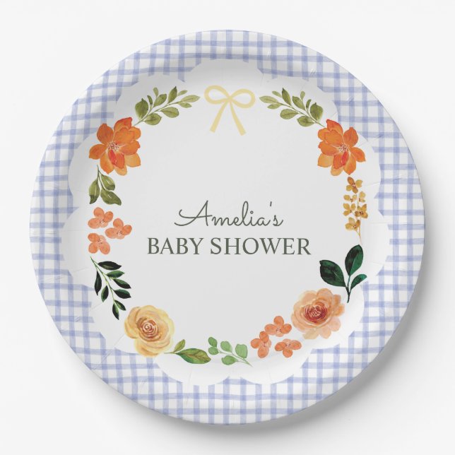 Plato De Papel 004 Indigo Blue Floral Gingham Baby Shower (Anverso)