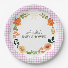 Plato De Papel 006 Wine Purple Floral Gingham Baby Shower