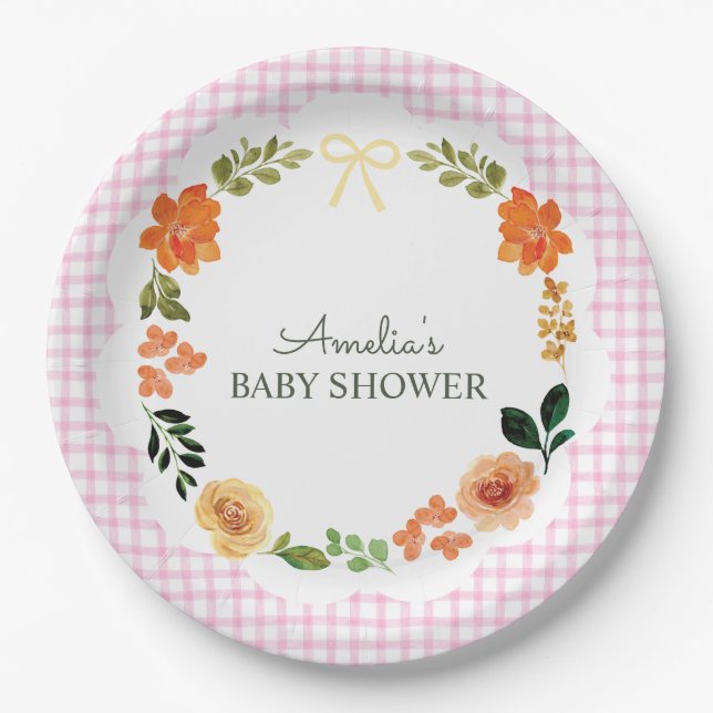 Plato De Papel 009 Fuchsia Pink Floral Gingham Baby Shower (Anverso)
