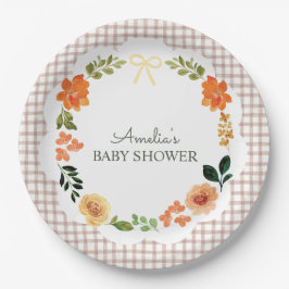 Plato De Papel 013 Chocolate Brown Floral Gingham Baby Shower