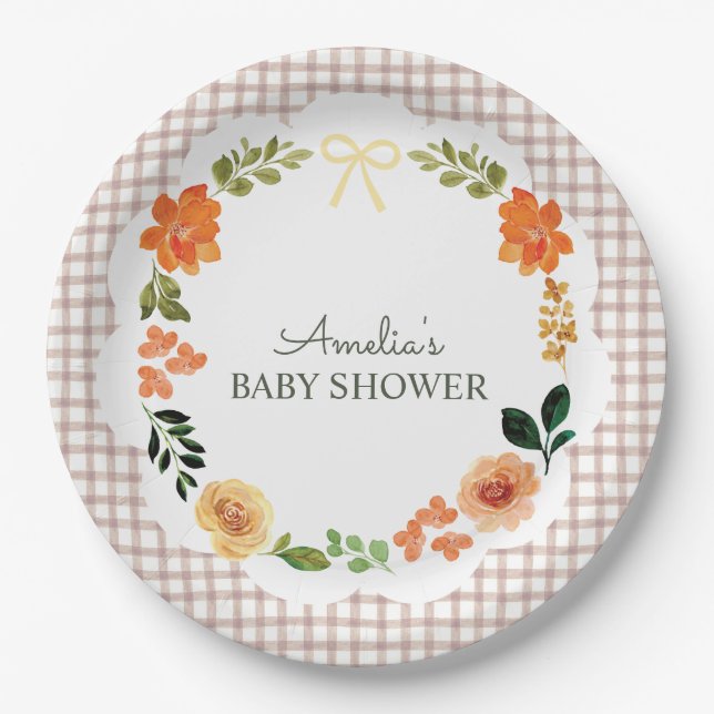 Plato De Papel 013 Chocolate Brown Floral Gingham Baby Shower (Anverso)