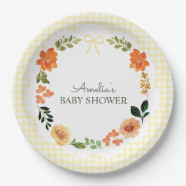 Plato De Papel 015 Lemon Yellow Floral Gingham Baby Shower