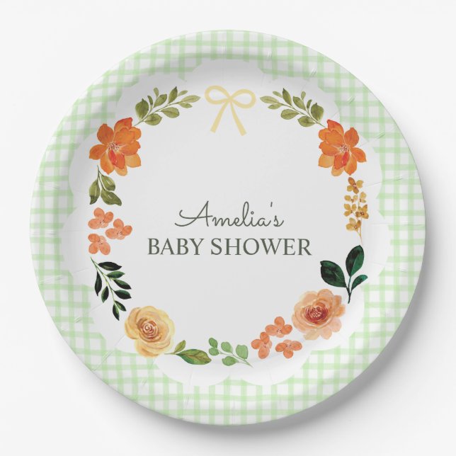 Plato De Papel 017 Moss Green Floral Gingham Baby Shower (Anverso)
